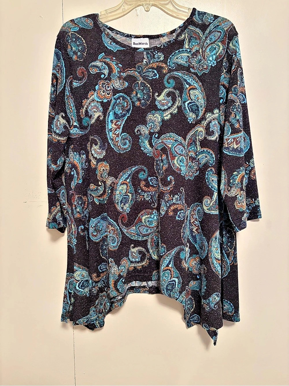 BonWorth Paisley Tunic in Black & Blue Like New